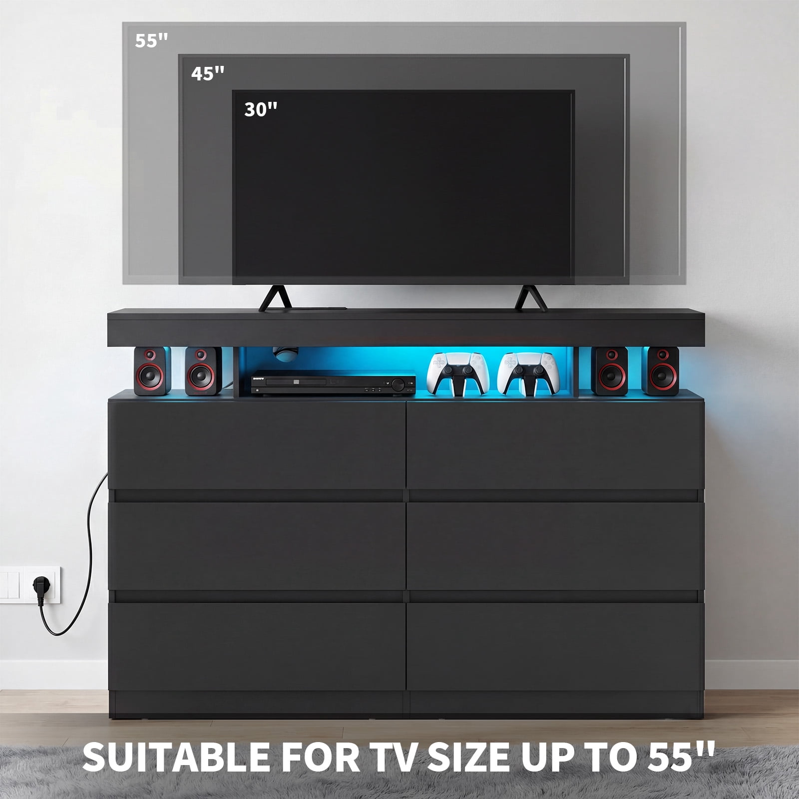 Hommpa Black LED 6 Drawers Dresser for Bedroom, Chest of Drawers with Charging Station and LED Lights, TV Stand Tall Dresser for Closet, Wooden Modern Storage Cabinet for Living Room, Entryway