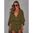 thumbnail image 4 of Women'S Collar V Neck Button Down Pleated 3/4 Sleeve Mini Shirt Dress with Belt Army Green XXL, 4 of 9