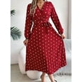 thumbnail image 2 of Women'S Polka Dot Wrap V Neck Belt Long Sleeve Pleated Maxi Dress Flowy Casual Long Dress Wine Red L, 2 of 8