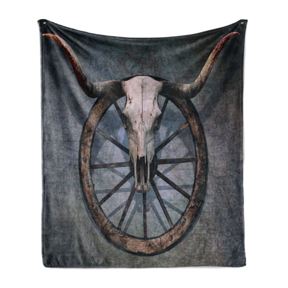 Barn Wood Wagon Wheel Soft Flannel Fleece Blanket, Wild West Themed Design Bull Skull on Cart Scratched Wall Weathered, Cozy Plush for Indoor and Outdoor Use, 50" x 60", Multicolor, by Ambesonne