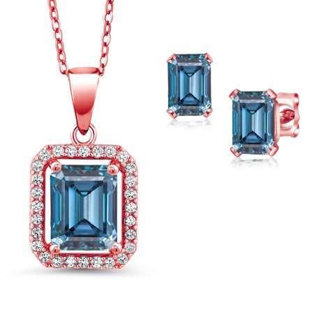 Gem Stone King 18K Rose Gold Plated Silver Persian Blue Moissanite Pendant and Earrings Jewelry Set for Women (3.52 Cttw, Emerald Cut 9X7MM and 6X4MM, Gemstone Birthstone, with 18 inch Chain)
