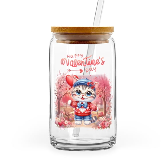 Happy Valentine’s Day Adorable American Shorthair Kitten Holding Heart Balloon 16oz Glass Cup Mug Cat Lover Kitten Owner Gifts Glass Can with Bamboo Lid and Straw - 00030