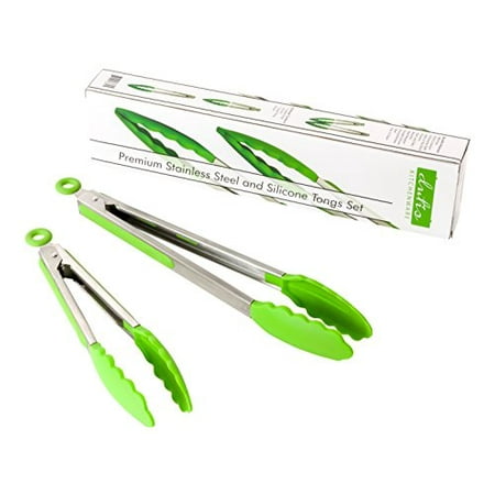 Green Coated Tongs - Dishwasher Safe Tongs Set. Beautiful 2 Piece Set Stainless Steel Silicone Green