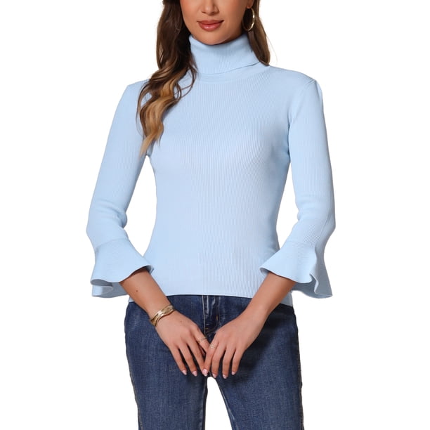 Suéter de punto delgado con cuello de tortuga y mangas acampanadas 3/4 para mujer Inspire Chic, color azul claro, talla L