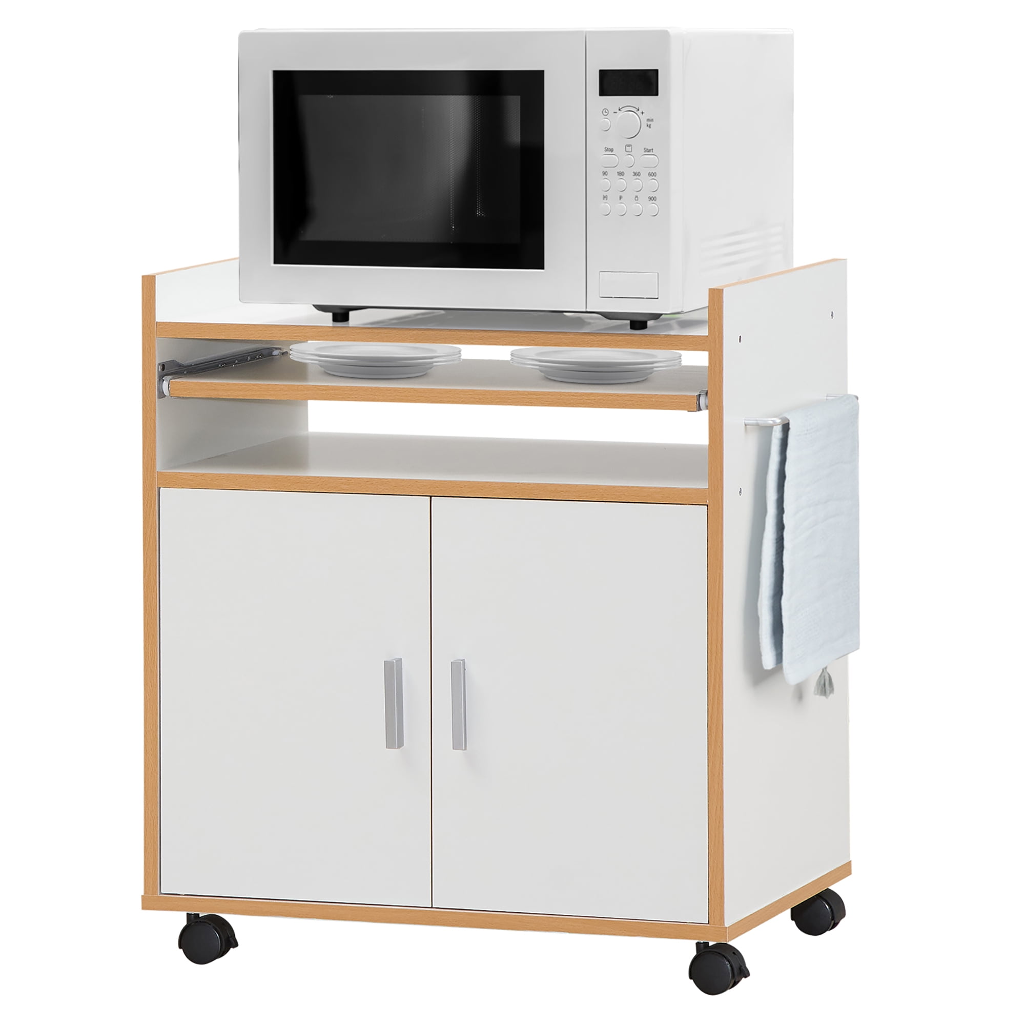 White Microwave Cart 1-Drawer 2-Door 1-Shelf Kitchen Wheeled Utensil Storage 