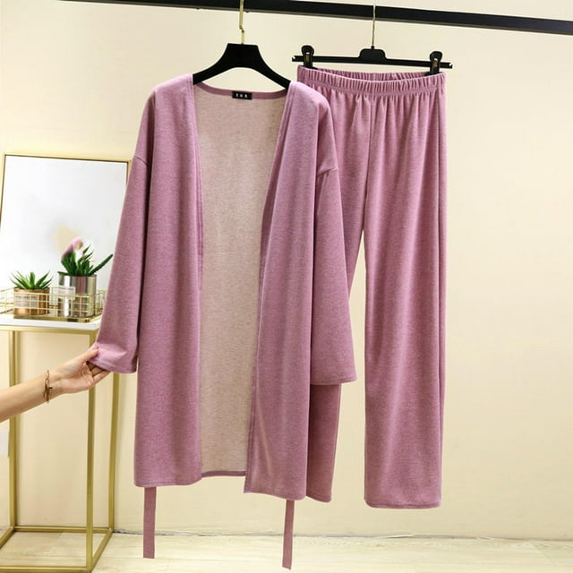 Puntoco Conjunto de pijama cómodo para mujer, moda femenina, color sólido, cuello redondo, ropa informal cálida para el hogar