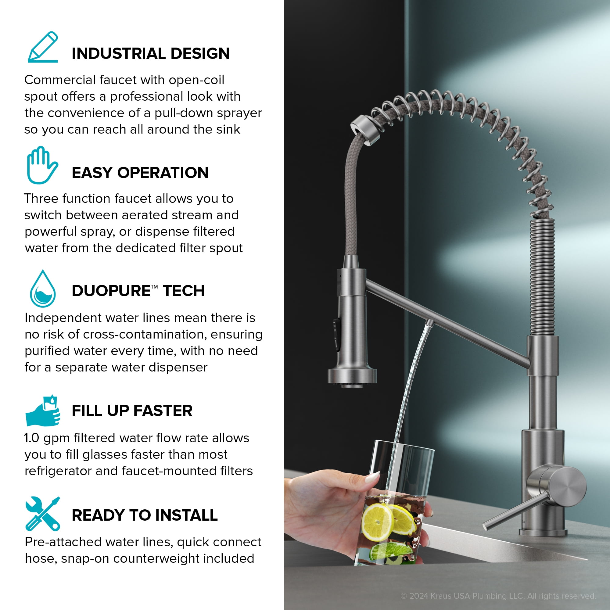 KRAUS Bolden 2-in-1 Commercial Style Pull Down Single Handle Water Filter Kitchen Faucet for Reverse Osmosis or Water Filtration System in Spot-Free Stainless Steel