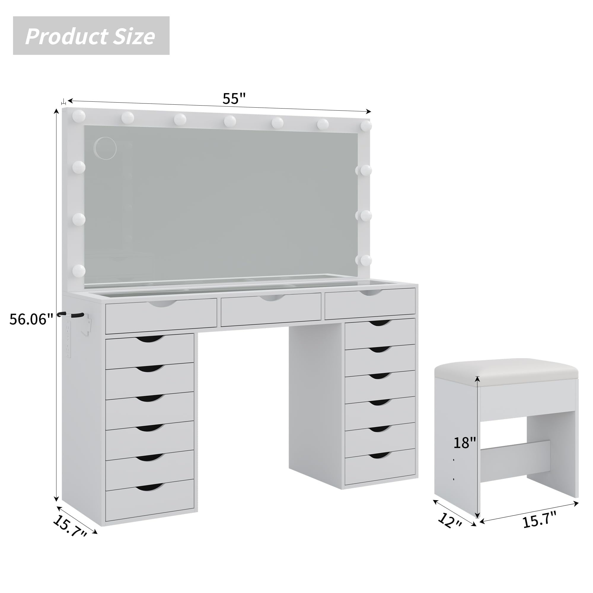 Yanosaku Vanity Desk with USB Outlet, Mirror & 13 LED Lights, Adjustable Brightness, Glass Top Dressing Table