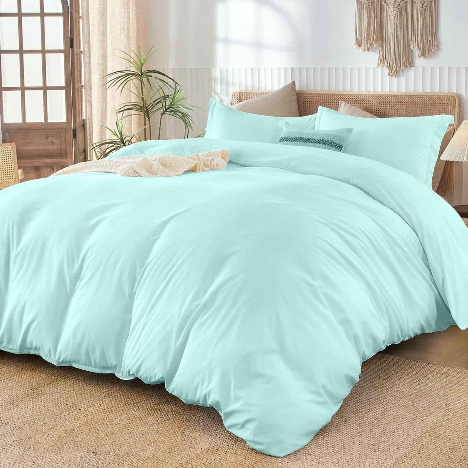 800 Thread Count 5-PCs Duvet Set Soft & Cozy 100% Egyptian Cotton | Zipper Closure & Corner Ties | ( 1 Duvet Cover & 4 Pillow Shams ) ( Full/Queen, Solid Aqua Blue )