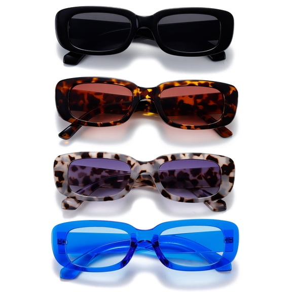 REAVEE 4 Pairs Rectangle Sunglasses for Women Men Trendy Y2k Retro 90s Sun Glasses UV Protection Cool Square Frame