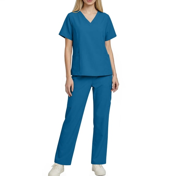 Nfurl Nursing Scrubs for Women Matching Sets 2 Piece Short Sleeve V Neck Tops with Long Pants Nurse Uniform Womens Scrubs Sets with 4 Pockets Blue XXL