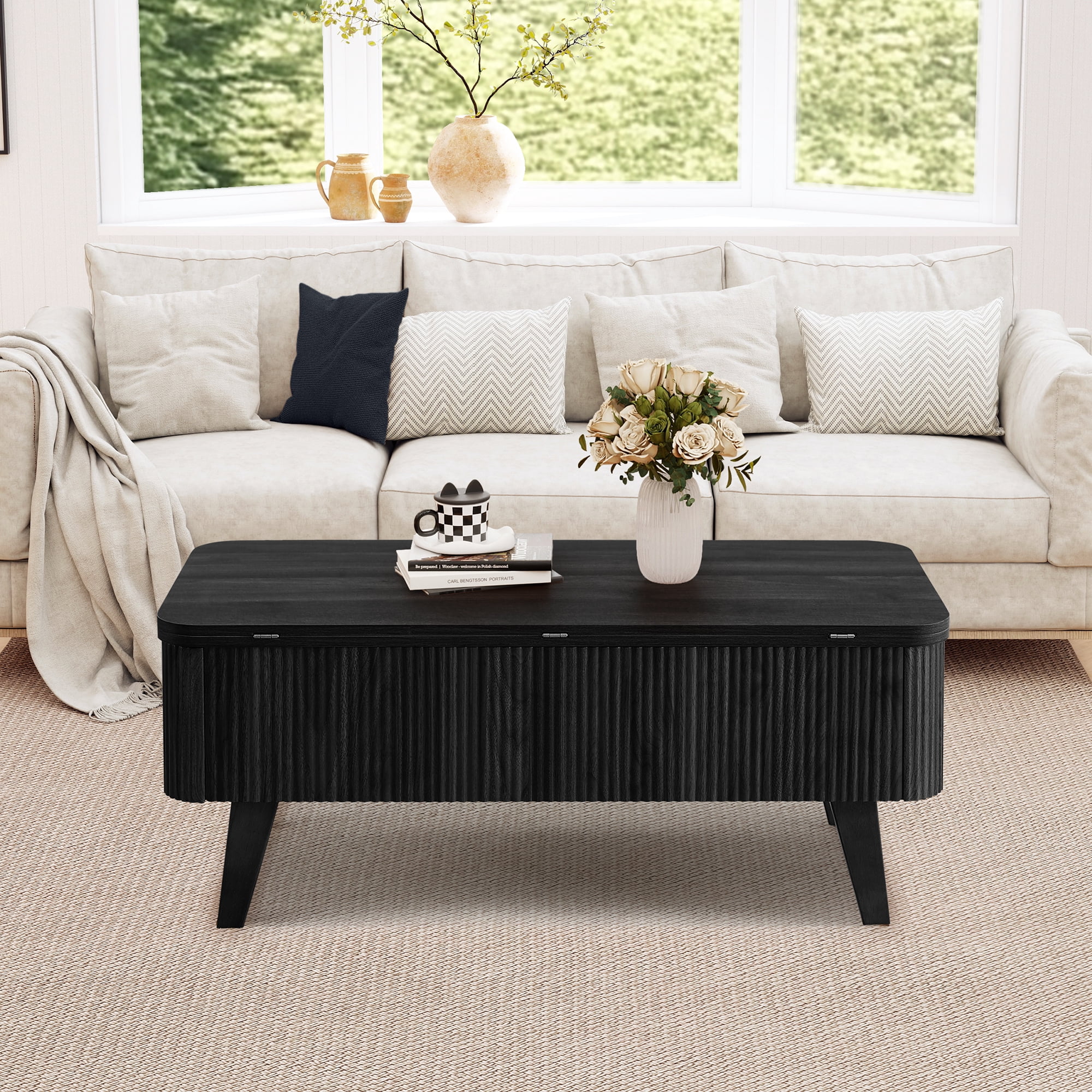 Wirrytor 3 in 1 Lift Top Coffee Table with Storage, Black Folding Desk for Small Spaces, Modern Center Table with Hidden Compartments for Living Room