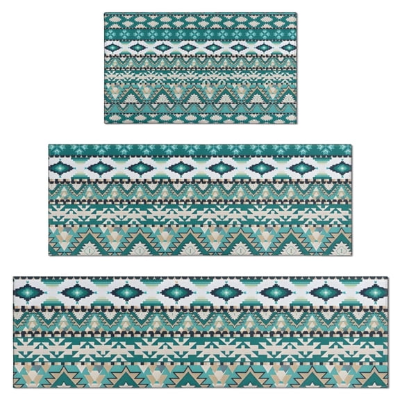 Teal Geometric Boho Pattern Kitchen Rugs Sets Of 3,Kitchen Runner Rugs Non Skid Washable,Decorative Kitchen Floor Mats for Kitchen,Sink,Laundry,17"x30" 17"x47" 17"x59"