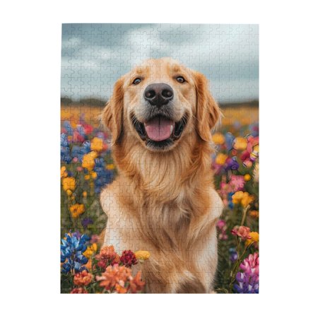 500-Piece Wooden Jigsaw Puzzle for Adults - Golden Retriever Flower Meadow Fun & Relaxing Family Game No-Dust Interlocking Pieces Perfect Wall Decor & Holiday Gift