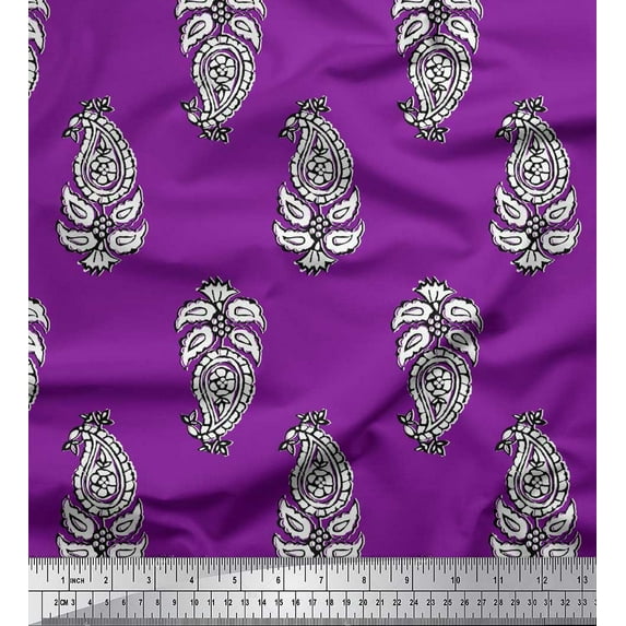 Soimoi Polyester Crepe Fabric Leaves & Paisley Block Printed Fabric 1 Yard 42 Inch Wide