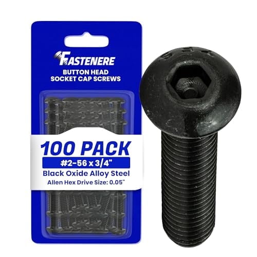 Fastenere Button Head Socket Cap Screws - 2-56 x 3/4" (100-Pcs) Alloy Steel, Fully Threaded, Fine Black Oxide Finish, Corrosion-Resistant, Machine Thread, Easy to Install w/ Allen Hex Drive