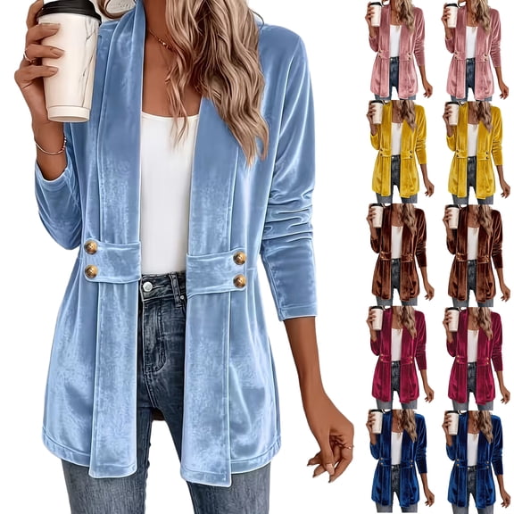 Shawl Collar Velvet Jacket for Women Open Front Long Sleeve Longline Cardigan Button Detail Dressy Going Out Business Casual Work Office Winter