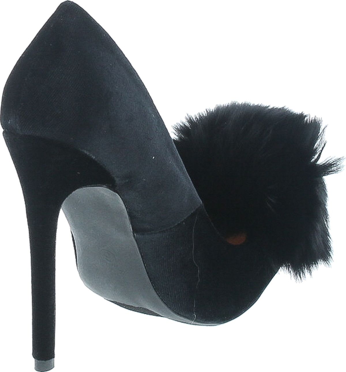 Liliana Affair Velvet Pointy Toe Stiletto High Heel Fur Pom Slip On Pump Slide Shoe, Black, 6 - image 5 of 7