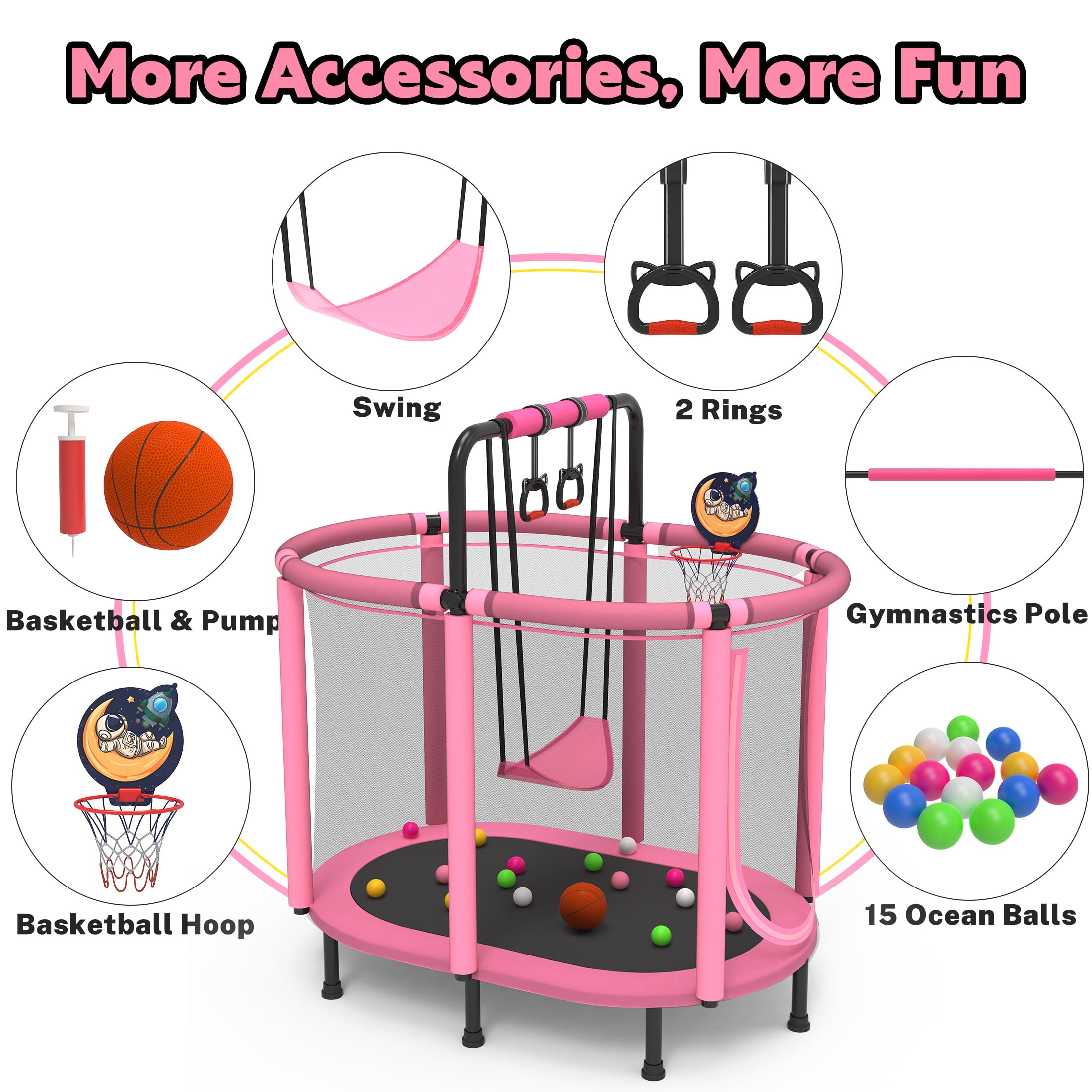 60" Toddler Trampoline with Safety Enclosure Net, SEGMART Upgraded Kids Trampoline with Basketball Hoop, Swing, Rings, Balls, Indoor Outdoor Mini Trampoline Birthday Gift for Kids Ages 3-9