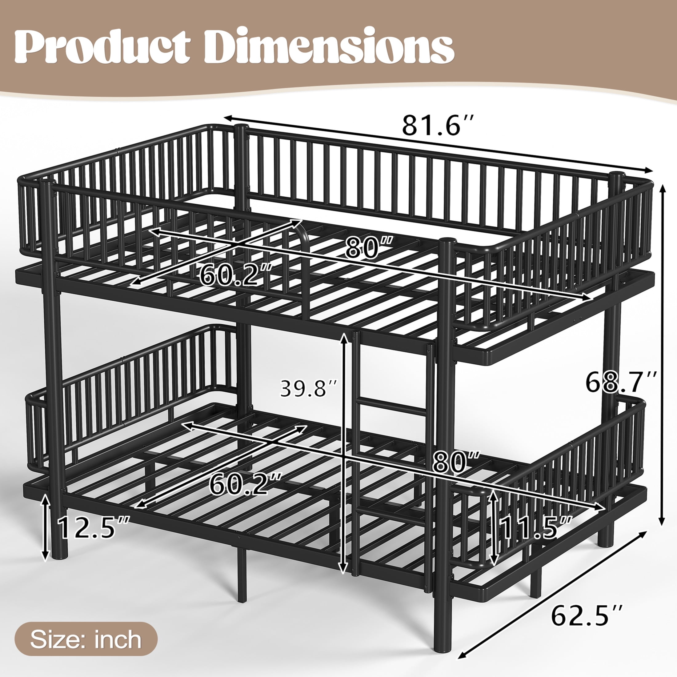 Noble House Queen over Queen Bunk Bed with Guardrails and Ladder, Can Separate into 2 Platform Beds, Black