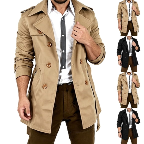 Men's Mid Length Trench Coat Slim Fit Notched Lapel Double Breasted Windbreaker Jacket with Pockets, Classic Business Pea Coat for Fall Winter Daily Office Casual Wear