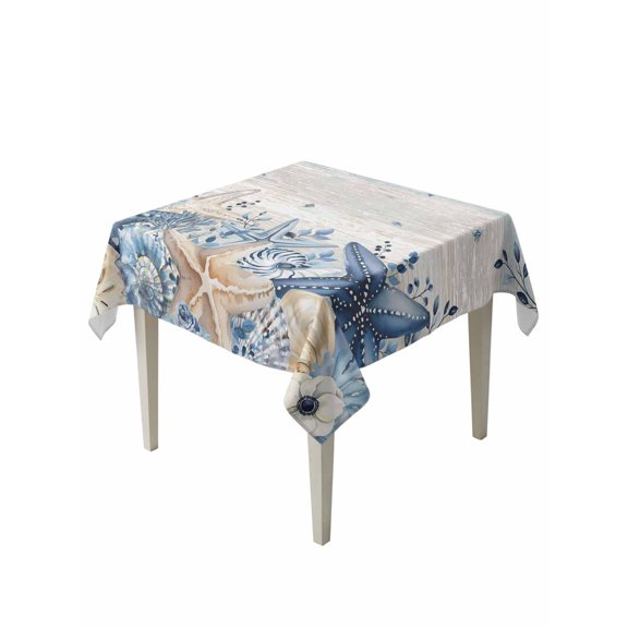 Blue Starfish Coastal Suqare Tablecloth - 60 x 60 Inch, Eucalyptus Summer Nautical Shell Vintage Waterproof & StainResistant Tablecloth, Washable Oil-proof Table Cover for Dining/Party/Wedding/Buffet