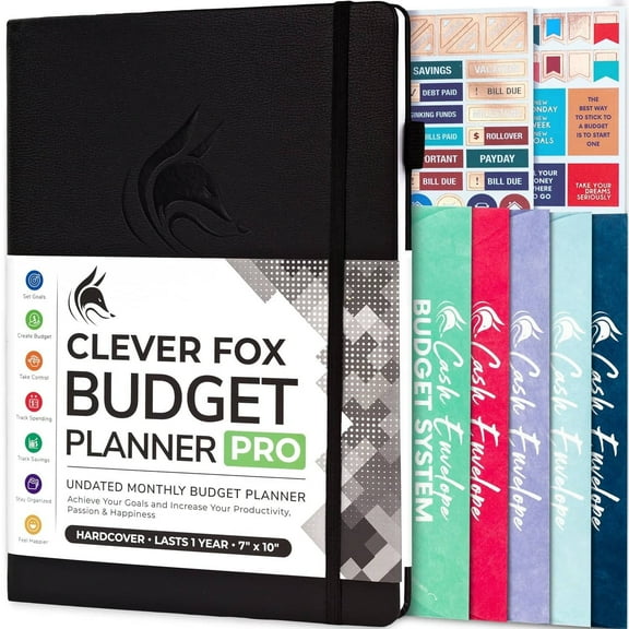 Clever Fox Monthly Finance Planner Book, 7'' x 10'', Black