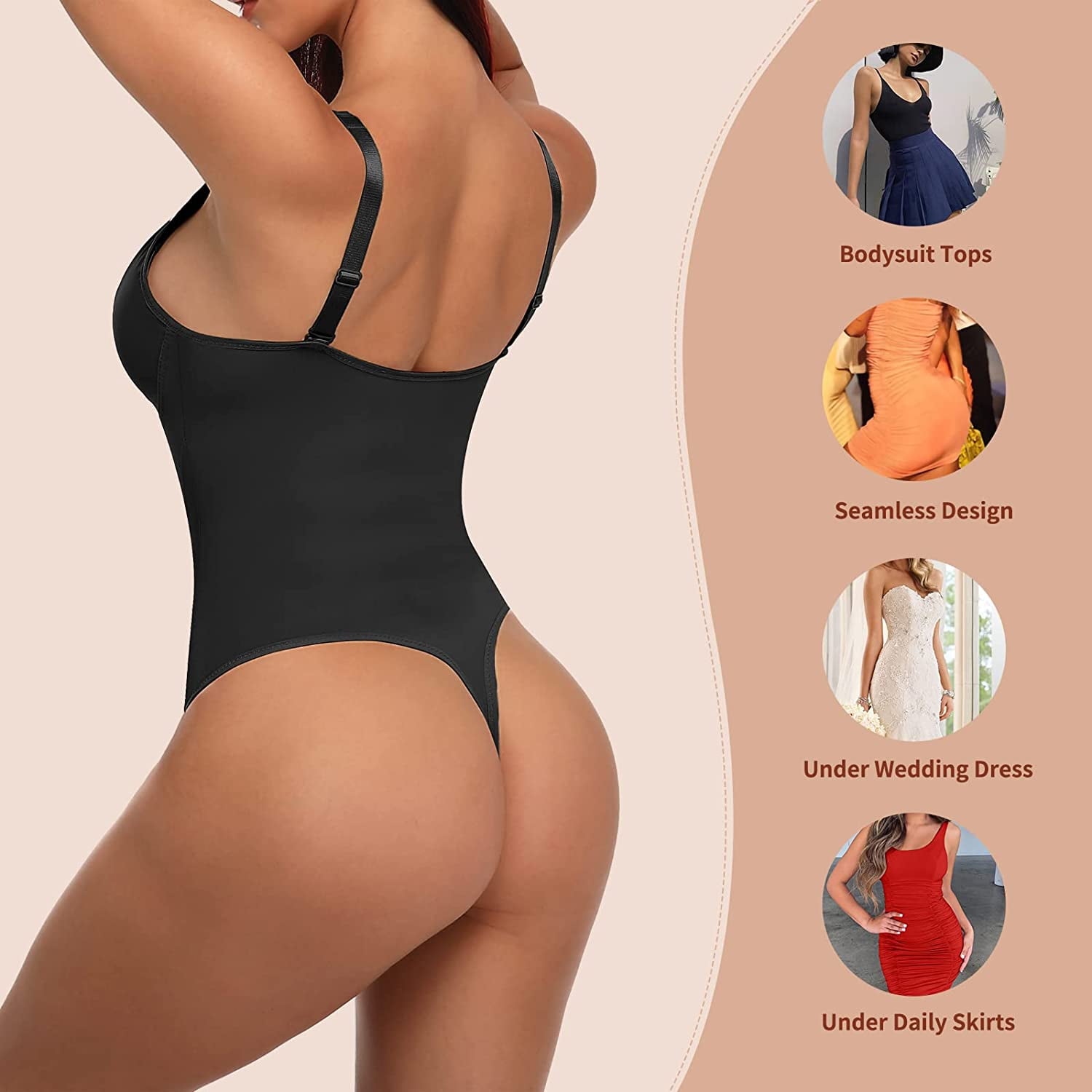Vaslanda Women Thong Shapewear Bodysuit Tops with Built-in Bra Pads Smooth  Tummy Control Body Shaper 