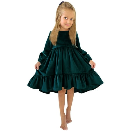 

Girls Elastic Waist Dress Daily Autumn Long Sleeve Solid Color Irregular Princess Ruffle Outfits Clothes Soft Smocked Waist Sundress Sweet Trendy Holiday Dresses