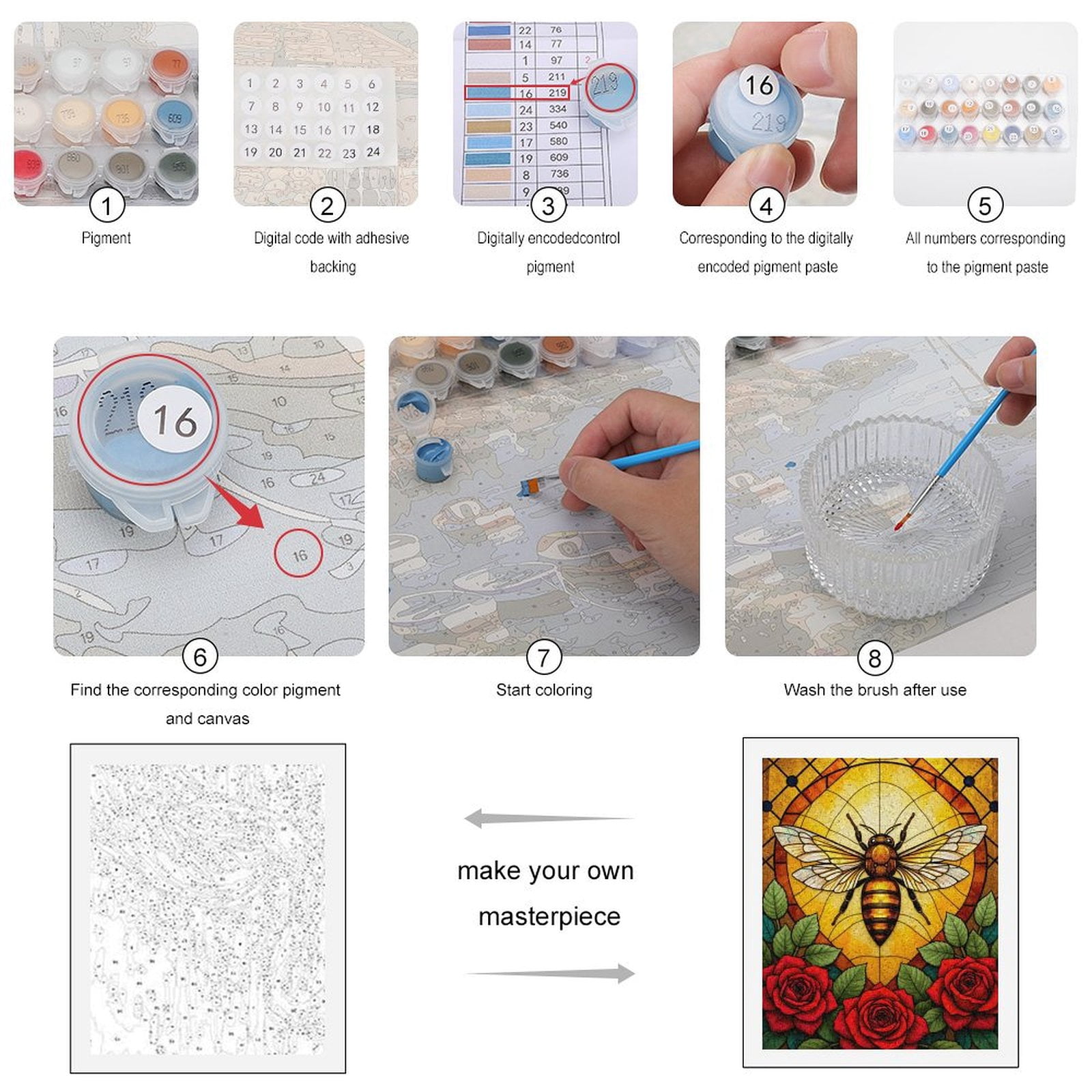 Paint by Numbers Kit for Adults, Stained Glass Bee Rose Artwork Paint by Numbers, Easy Paint by Numbers Kit for Adults Beginner, DIY Adult Paint by Number Kits on Canvas, Home Decor