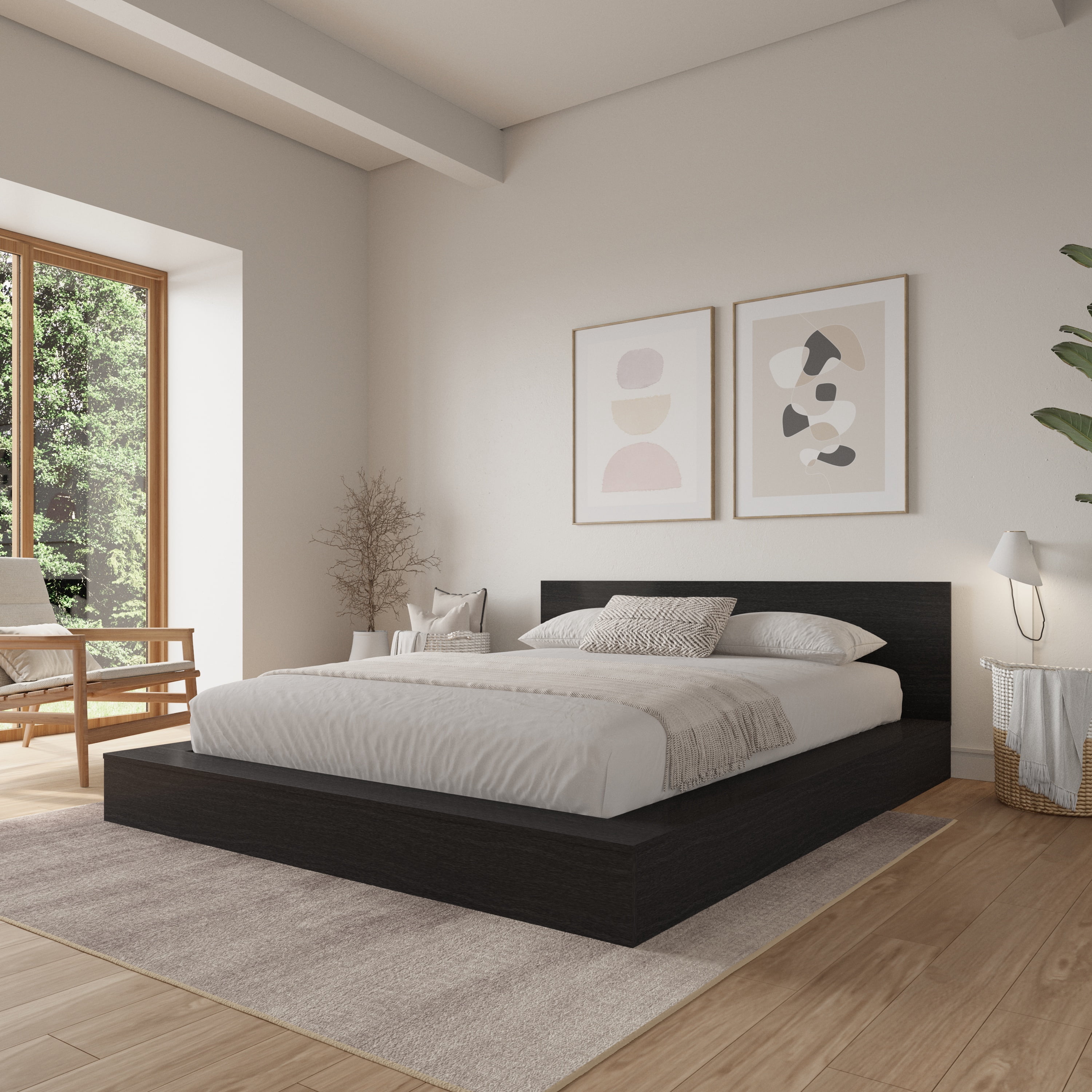 Nexera Kanso King Low Profile Wood Platform Bed with Headboard, Black Oak