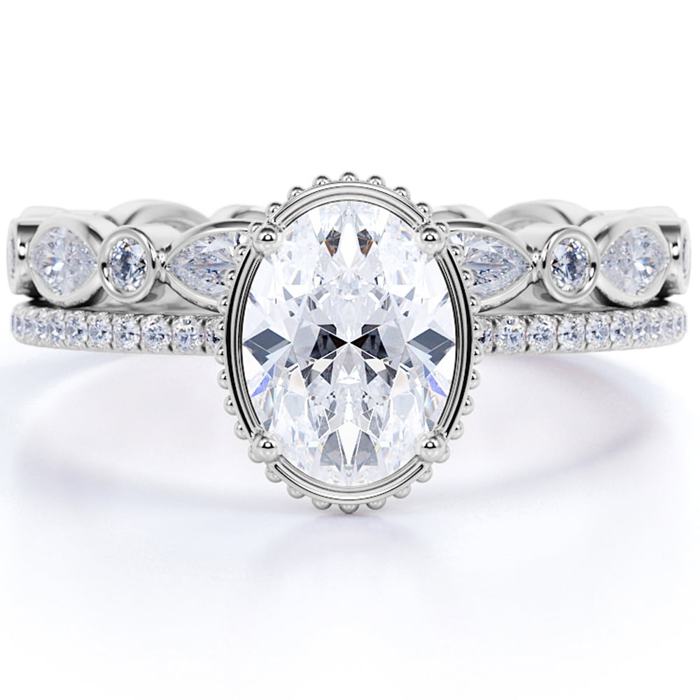 JeenMata Stylish 1.75 Carat Oval Cut Moissanite Wedding Ring Set in 18k White Gold Over Silver