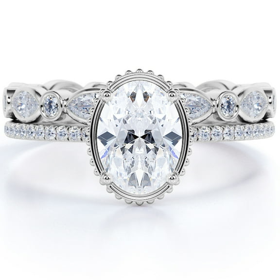 JeenMata Stylish 1.75 Carat Oval Cut Moissanite Wedding Ring Set in 18k White Gold Over Silver