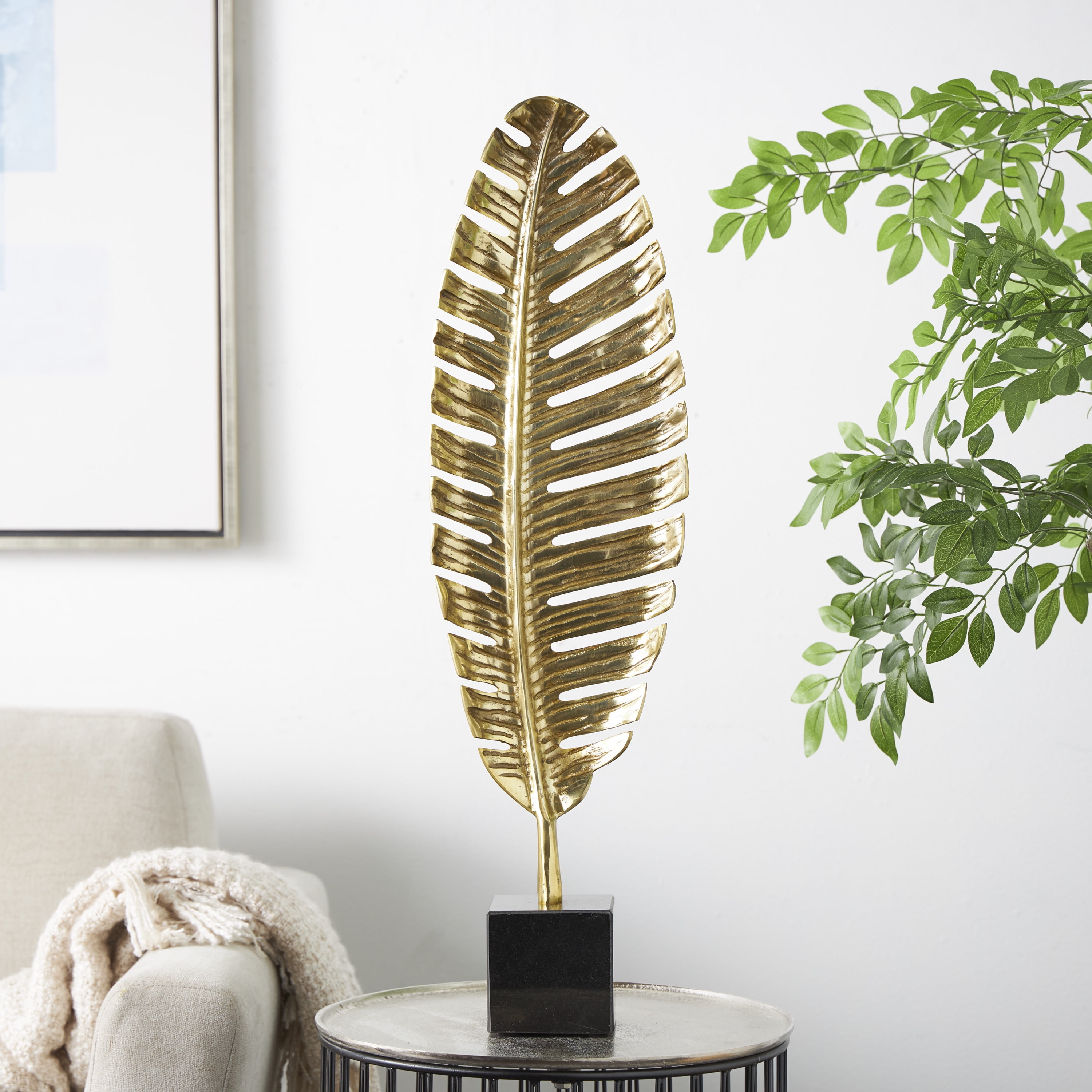 9" x 30" Gold Aluminum Standing Single Leaf Sculpture with Black Marble Base, by CosmoLiving by Cosmopolitan
