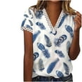 thumbnail image 2 of ICHUANYI Clearance Women's Fashion Printing Casual V-neck Lace Short Sleeve Loose T-shirt Tops(Blue, S) ICHUANYI WER2023081401004, 2 of 8