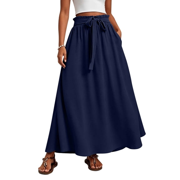 Womens Maxi Skirt High Waisted Flowy A Line Skirt with Tie Waist for Summer, L