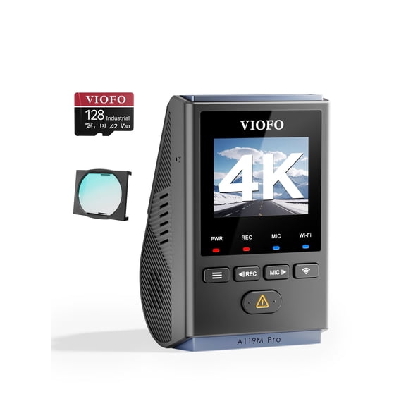 VIOFO A119M Pro Dash Cam + 128GB SD Card, 4K HDR STARVIS 2, Wi-Fi 6, GPS, Voice Control, High-Endurance Storage