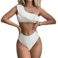 thumbnail image 2 of Fairnull 2 Pcs/Set Women Bikini Set Solid Color Ruffle One Shoulder High Waist Quick Drying Swimming Padded Ribbed Beach Swimwear Water Sports Clothes, 2 of 7