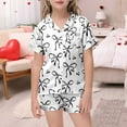 thumbnail image 2 of Aihuaihua Little Girls Silk Pajamas Set Cute Bow Print Short Sleeve Top with Shorts Button Down Comfy Girls' Sleepwear,120, 2 of 5