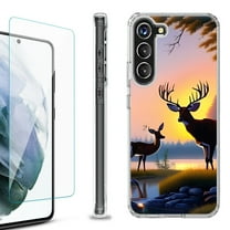 Shockproof Bumper Phone Case for Samsung Galaxy S23 5G, with Tempered Glass Screen Protector, by OneToughShield ® - Deer Sunset