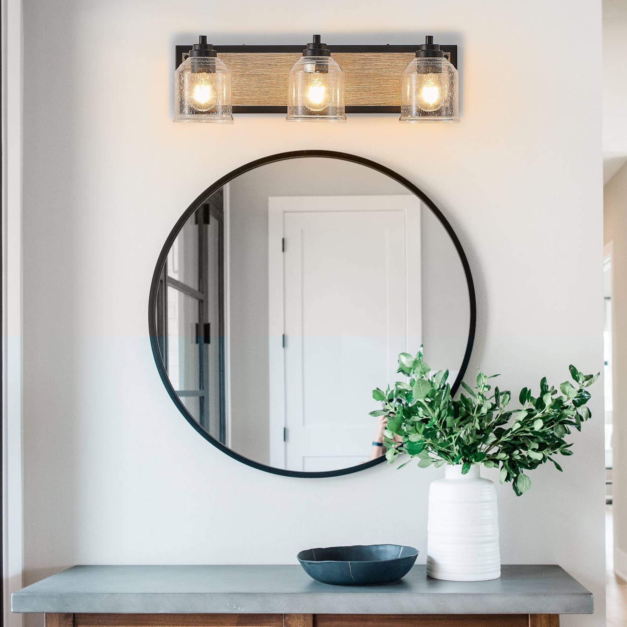 3-Light Farmhouse Bathroom Vanity Light, Brown Metal Vanity Light with Glass Shades,Rustic Wall Sconce Lighting Fixtures Over Mirror for Barhroom,Kitchen 23in
