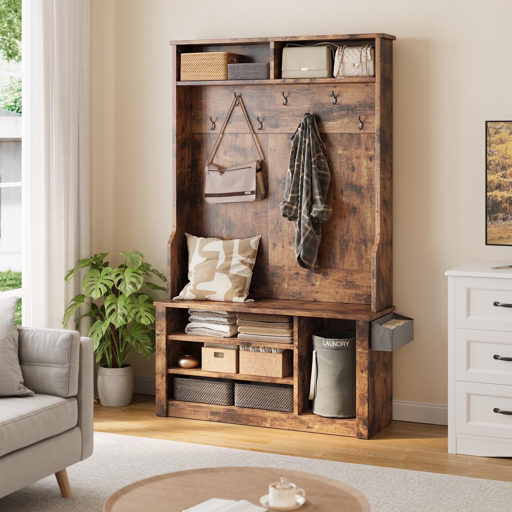 Asofer Modern Hall Tree with Shoe Storage, Front Entryway Furniture, Mudroom Bench with Coat Rack, Retro