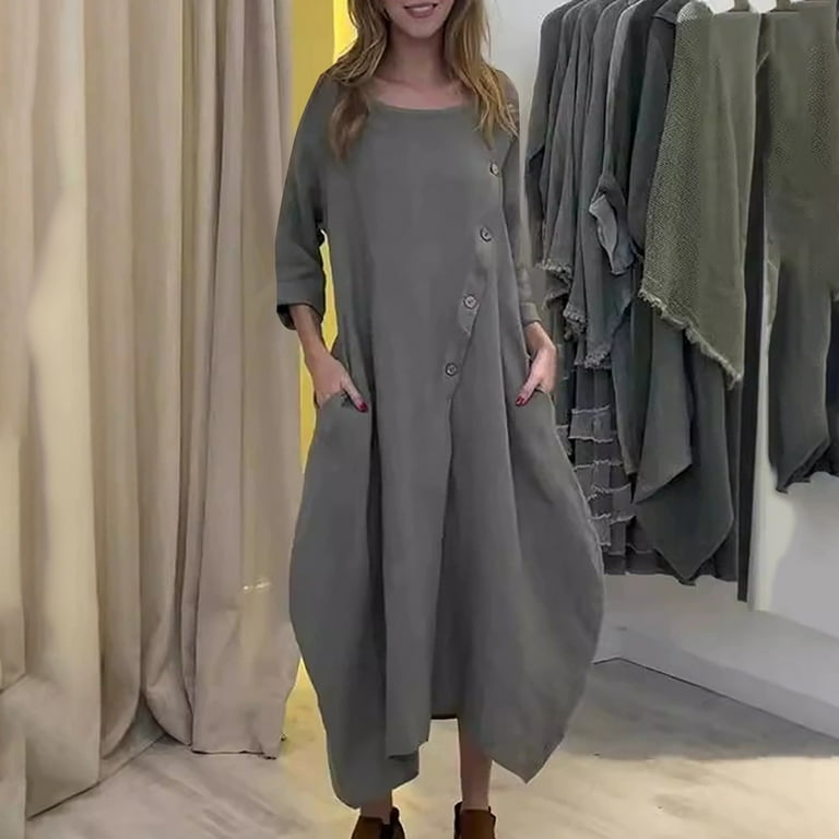 Women Cotton Linen Kaftan Dress 3/4 Sleeve Crewneck Shift Dresses Summer  Oversized Tshirt Robe Irregular Hem Maxi Dress - Walmart.com