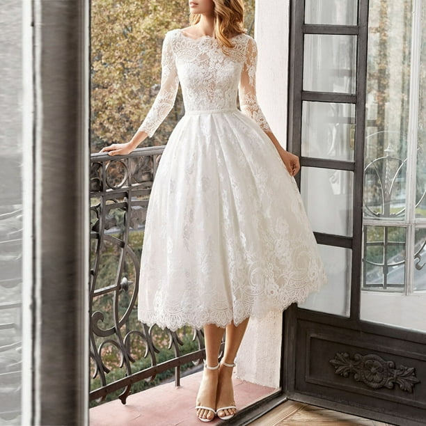 Dresses Women's Color Long-sleeved Slim Wedding Dress Mid-length Skirt Summer Women Plus Size Maxi Prom Casual White -