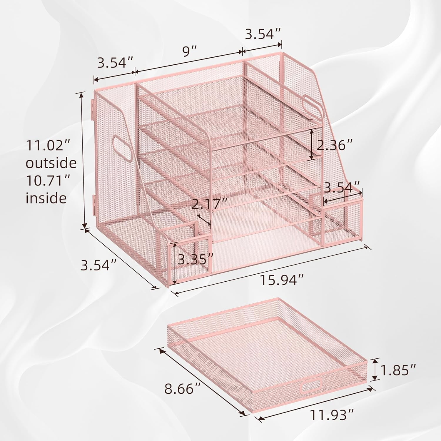 INTIGE 5-Tier Metal Desktop Organizer with 2 Pencil Holder, 1 Drawer, 2 File Storage, Handle, Pink