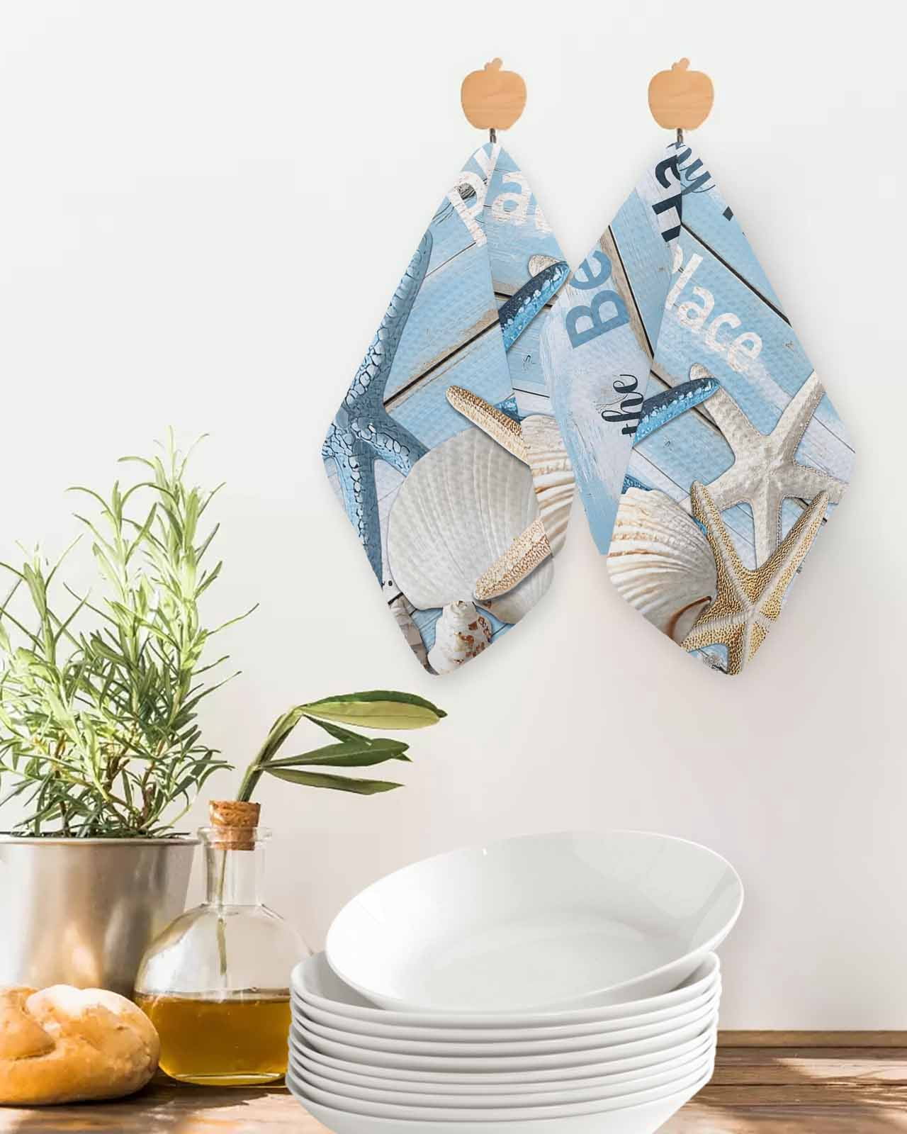 Blue Starfish Coastal Kitchen Dish Towels for Drying Dishes Set of 4, Nautical Shell Summer Beach Vintage Waffle Weave Microfiber Terry Hand Tea Bathroom Towels Quick Dry & Absorbent Towel 12x12