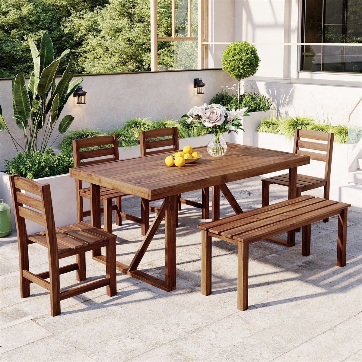 HighSound 6-Piece Outdoor Acacia Wood Dining Set, Patio Table and Chairs Set with Bench for 6-7 People, Outdoor Dining Furniture Set for Garden, Backyard and Poolside, Brown