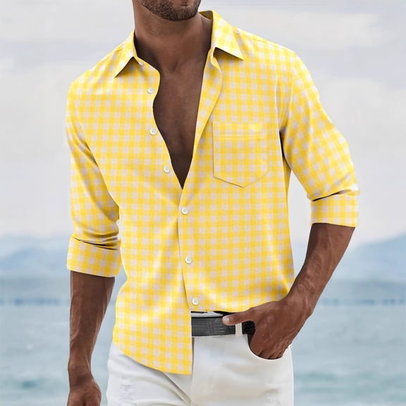 SEAOPEN Mens Long Sleeve Shirts Plaid Button Down Shirt Casual Work Top with Pocket Yellow XXL