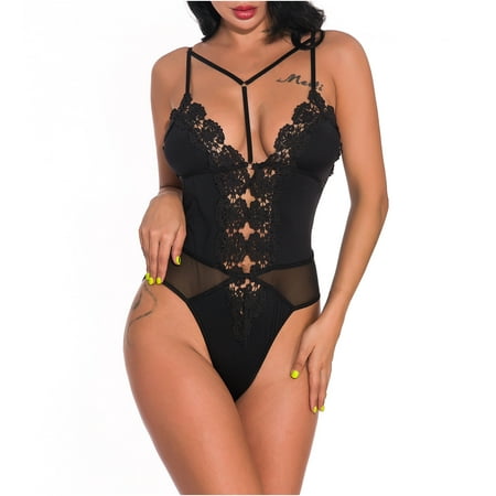 

Womens Teddy Lingerie One Piece Babydoll Mini Bodysuit Loose Sexy Lace Embroidery Hollowed out Sleepwear Jumpsuit