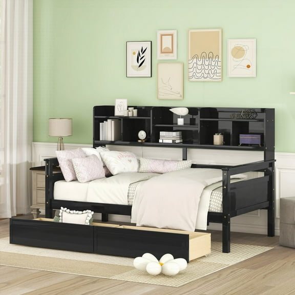 Twin size Daybed having Wood Slat Support, Along with Storage Drawers & Bedside Shelves, Espresso